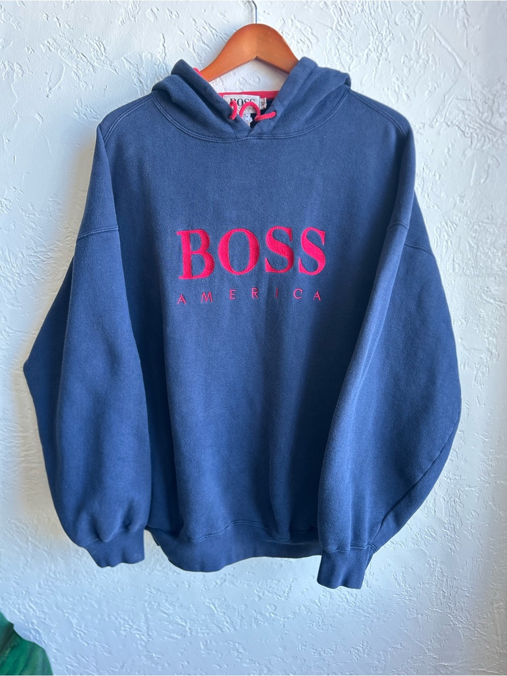 Vintage 80s Hugo boss BOSS America Men's Navy Hoodie with red embroidered Logo